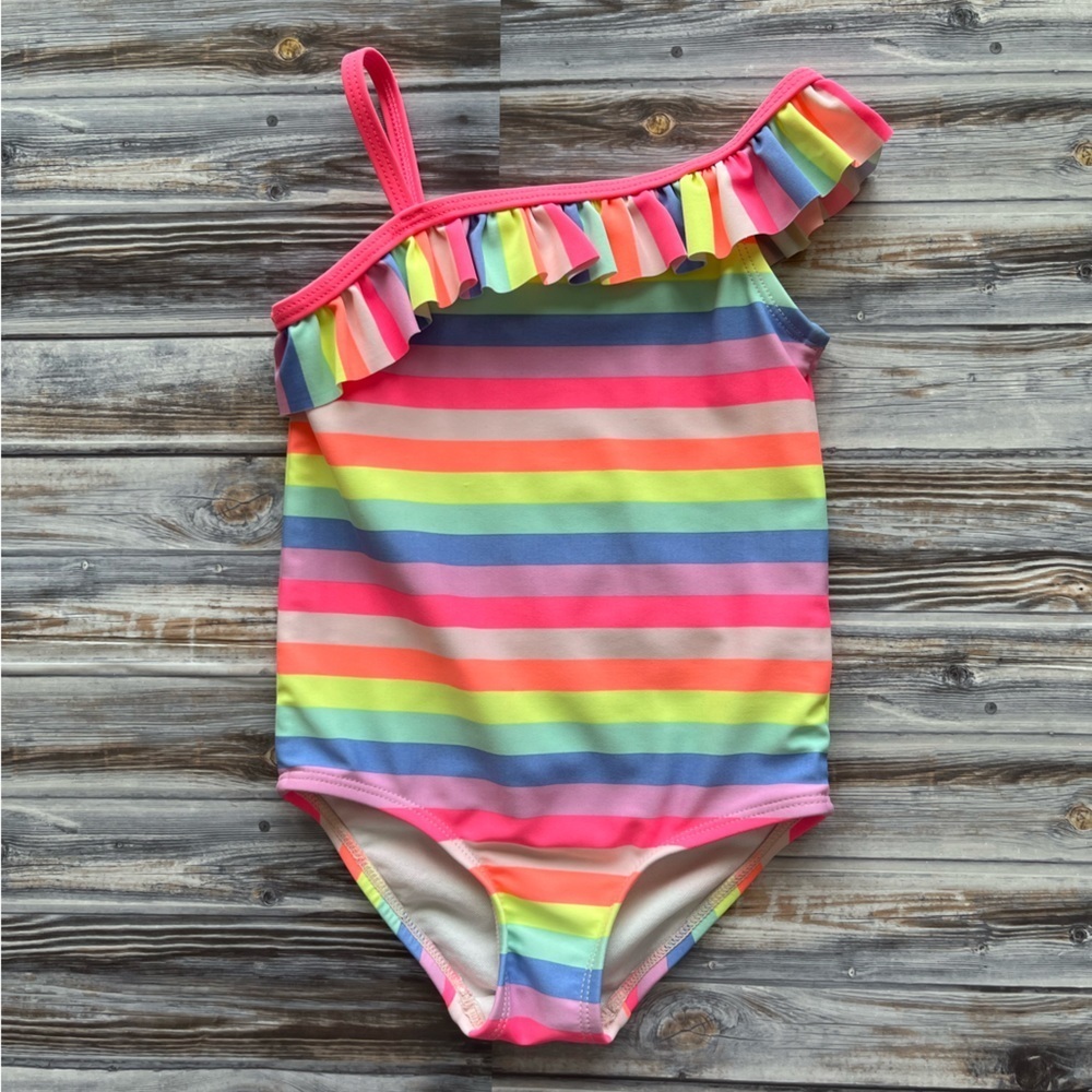 CARTERS colorful rainbow striped one shoulder ruffle one piece swimsuit